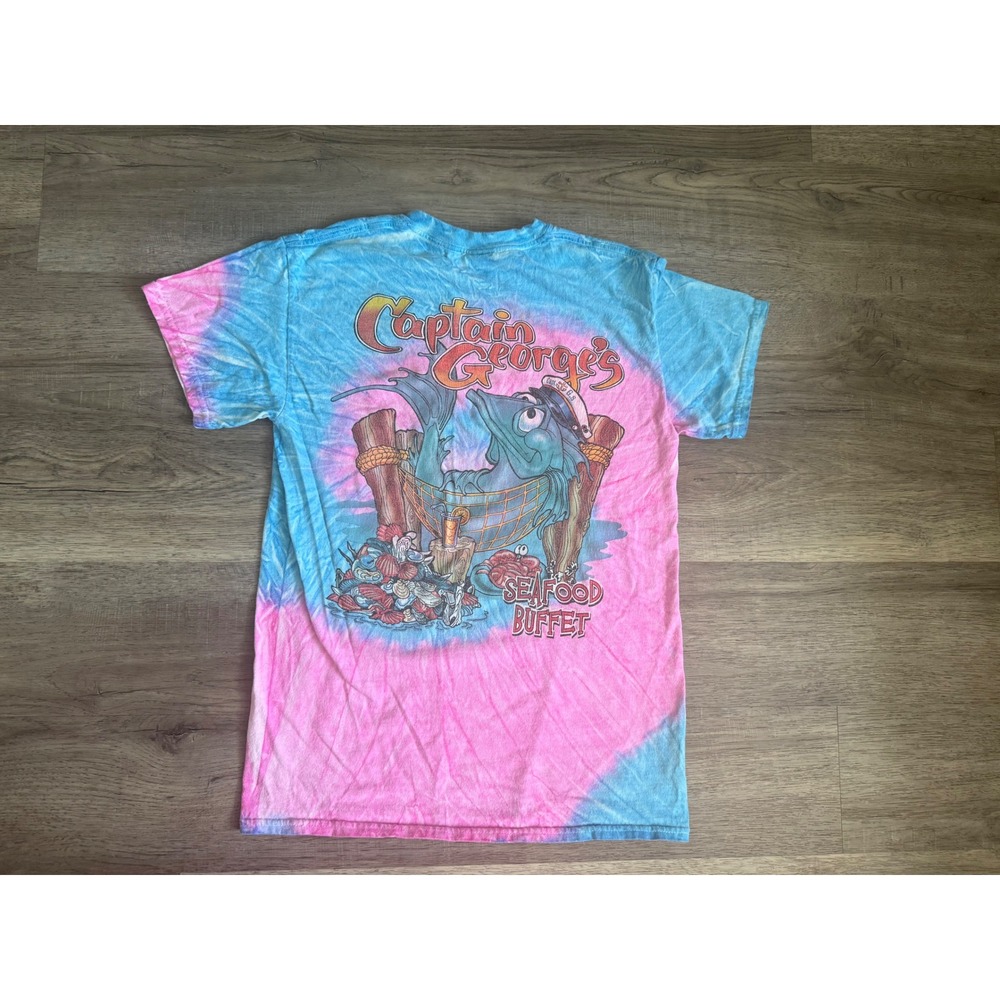 Captain‎ George's Seafood Buffet Tie Dye Graphic T-Shirt Size Small Pink Blue
